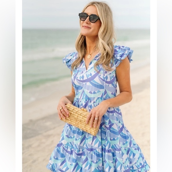 Sail To Sable Size XXL Poppy Ruffle Neck Tiered Dress Blue Multi NWT $268 - Picture 1 of 13